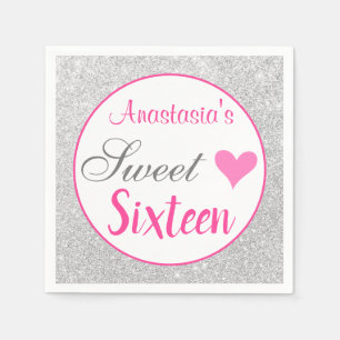 Meisjes prinses Pink & Zilver Glitter Sweet Sixtee Servet