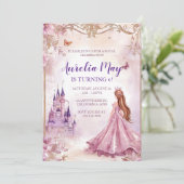 Meisjes Prinses Roze Goud Glitter Uitnodiging (Staand voorkant)