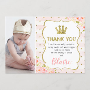 Meisjes prinsessen kroon 1e verjaardag bedankkaart kaart