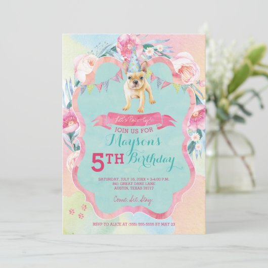 Meisjes Puppy Hond Verjaardagsfeestje Uitnodiginge Kaart (Staand voorkant)