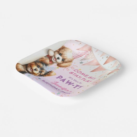 Meisjes Puppy Lets Pawty Verjaardagspapier Bord (Gebogen)