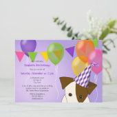 Meisjes Puppy Verjaardag paarse veelkleurige ballo Kaart (Staand voorkant)