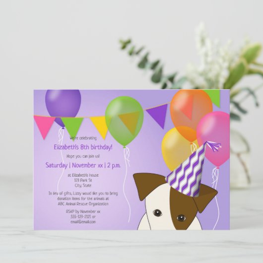 Meisjes Puppy Verjaardag paarse veelkleurige ballo Kaart (Staand voorkant)