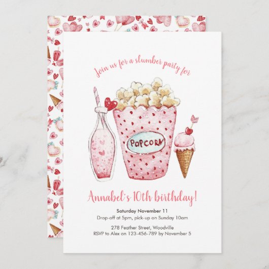 Meisjes Pyjama Feest Hartjes Verjaardagsuitnodigin Kaart (Voorkant / Achterkant)