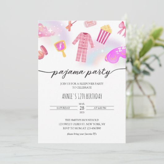 Meisjes Pyjama Sleepover Glam Slumber Verjaardag Kaart (Staand voorkant)