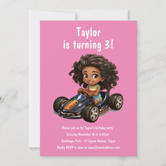 Meisjes Race Auto Kids Verjaardagsfeestje Kaart (Voorkant)