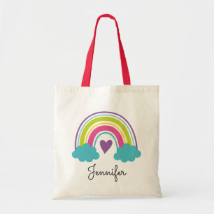 Meisjes Regenboog Boodschappentas met Rode Handvat Tote Bag