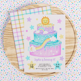 Meisjes Regenboog Cake Verjaardag Uitnodiging