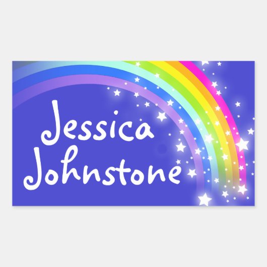 Meisjes regenboog naam blauw id label sticker (Voorkant)