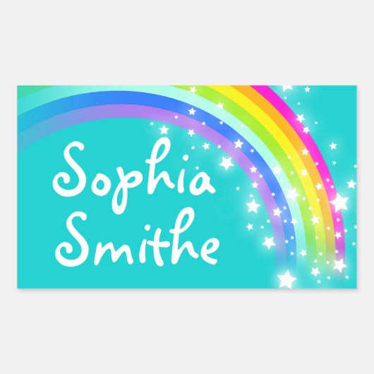 Meisjes regenboog naam blauwgroen id label sticker (Voorkant)