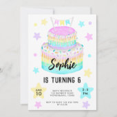 Meisjes regenboogcake 6de verjaardagsuitnodiging kaart (Voorkant)