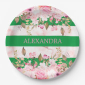 Meisjes Religieuze Viering Groen Roze Streep Papieren Bordje (Voorkant)