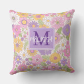 Meisjes Retro Bloemige Monogram Script Naam Accent Kussen (Achterkant)