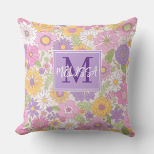 Meisjes Retro Bloemige Monogram Script Naam Accent Kussen