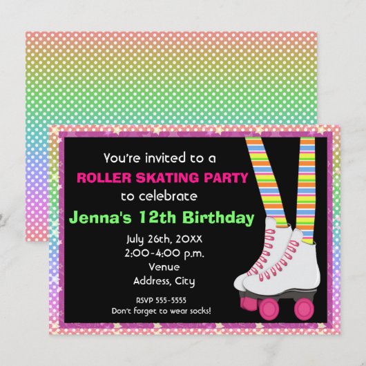 Meisjes Roller Schaats Schaatsen Verjaardag Uitnod Kaart (Voorkant / Achterkant)
