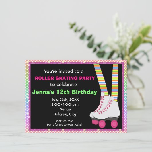 Meisjes Roller Schaats Schaatsen Verjaardag Uitnod Kaart (Staand voorkant)
