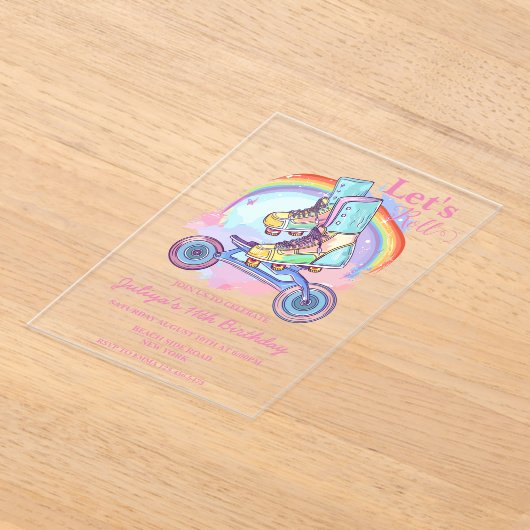 Meisjes Roller Skate roze verjaardagsfeestje Acryl Uitnodigingen (Laagn)