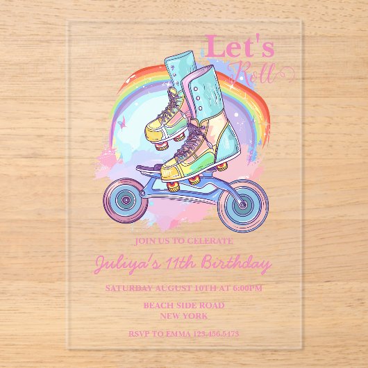 Meisjes Roller Skate roze verjaardagsfeestje Acryl Uitnodigingen (Voorkant)