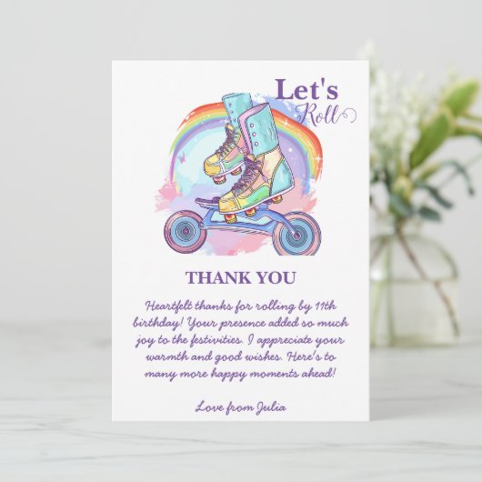 Meisjes Rolschaatsen paarse Verjaardag Bedankkaart (Staand voorkant)