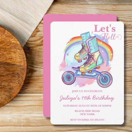 Meisjes Rolschaatsen roze Verjaardagsfeest Kaart