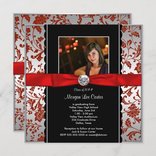 Meisjes Rood en Zwart Foto Afstuderen Aankondiging (Voorkant / Achterkant)