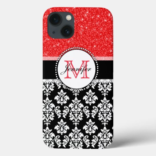 Meisjes, rood, glitter Black Damask gepersonalisee Case-Mate iPhone Case (Achterkant)
