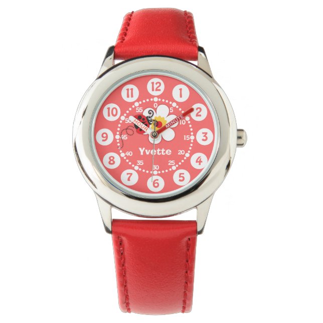 Meisjes rood lieveheersbeestje, witte naam polshor horloge (Voorkant)