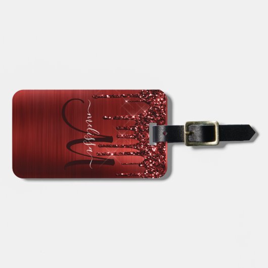 Meisjes rood strijken Glitter Brush Metal Monogram Bagagelabel (Voorkant horizontaal)