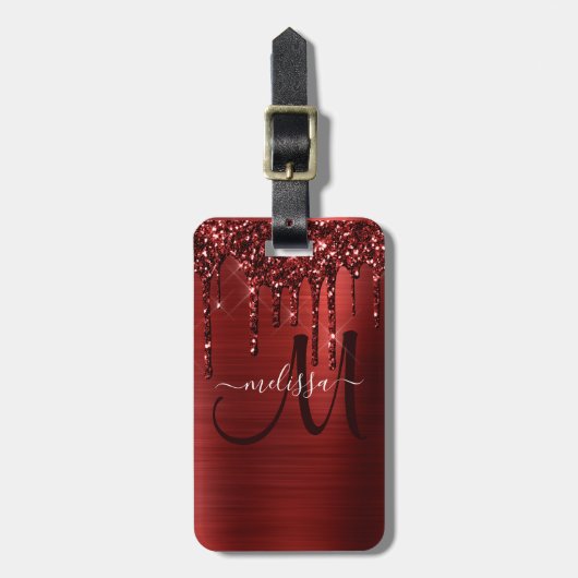 Meisjes rood strijken Glitter Brush Metal Monogram Bagagelabel (Voorkant verticaal)