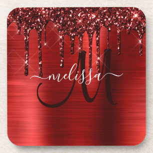 Meisjes rood strijken Glitter Brush Metal Monogram Bier Onderzetter
