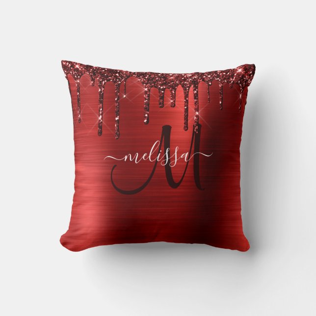 Meisjes rood strijken Glitter Brush Metal Monogram Kussen (Voorkant)