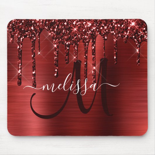 Meisjes rood strijken Glitter Brush Metal Monogram Muismat (Voorkant)