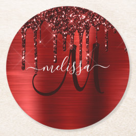 Meisjes rood strijken Glitter Brush Metal Monogram Ronde Kartonnen Onderzetter