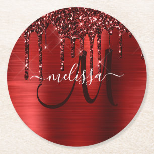 Meisjes rood strijken Glitter Brush Metal Monogram Ronde Kartonnen Onderzetter