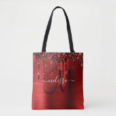 Meisjes rood strijken Glitter Brush Metal Monogram Tote Bag (Voorkant)