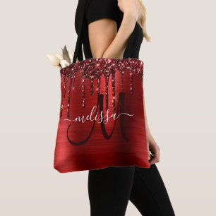 Meisjes rood strijken Glitter Brush Metal Monogram Tote Bag