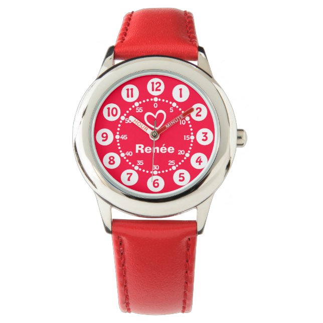 Meisjes rood & wit hart korte naam polshorloge horloge (Voorkant)