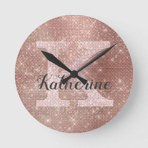 Meisjes Roos Glitter Sparkle Glam Monogram Naam Ronde Klok