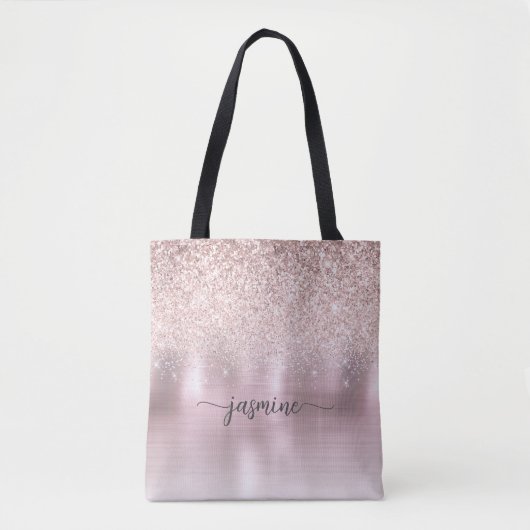 Meisjes Roos Gold Glitter Pink Metal Name Script Tote Bag (Voorkant)