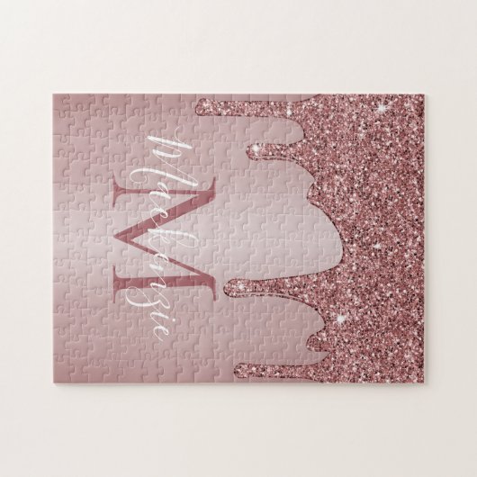 Meisjes Roos Gold Sparkle Glitter Driemonogram Legpuzzel (Horizontaal)