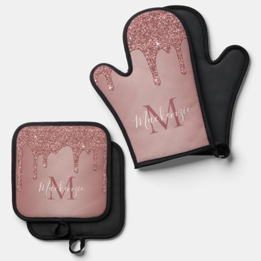 Meisjes Roos Gold Sparkle Glitter Driemonogram Ovenwant & Pannenlap Set (Voorkant / Achterkant)