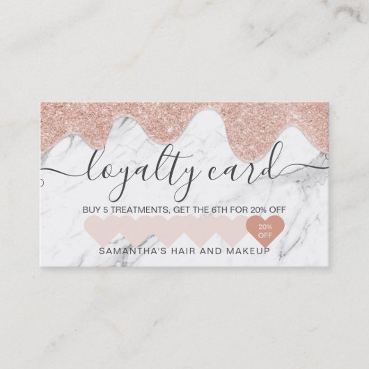 Meisjes roos goudglitter druppelt marmer make-up klantenkaartje (Voorkant)