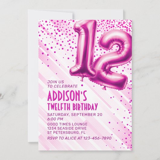 Meisjes Roze 12e verjaardag uitnodiging (Voorkant)