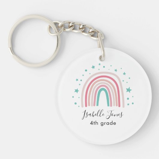 Meisjes roze aqua regenboogschrift gepersonaliseer sleutelhanger (Voorkant)