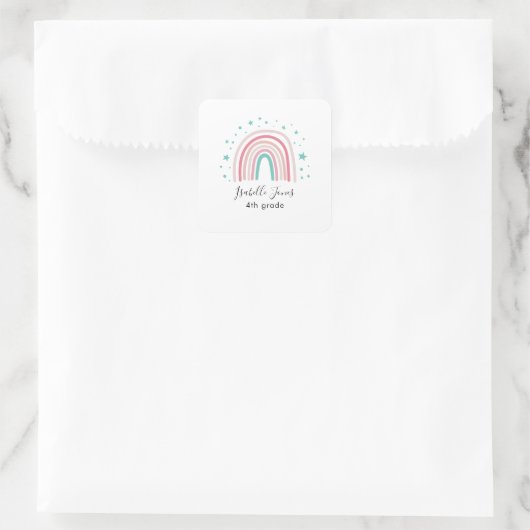 Meisjes roze aqua regenboogschrift gepersonaliseer vierkante sticker (Tas)