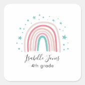 Meisjes roze aqua regenboogschrift gepersonaliseer vierkante sticker (Voorkant)