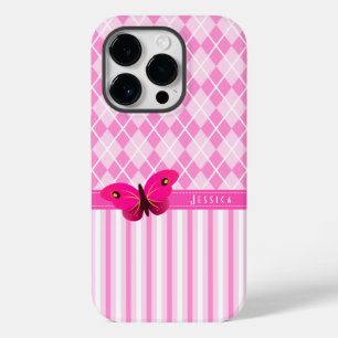Meisjes  Roze Argyle en Stripes Butterfly Case-Mate iPhone Case