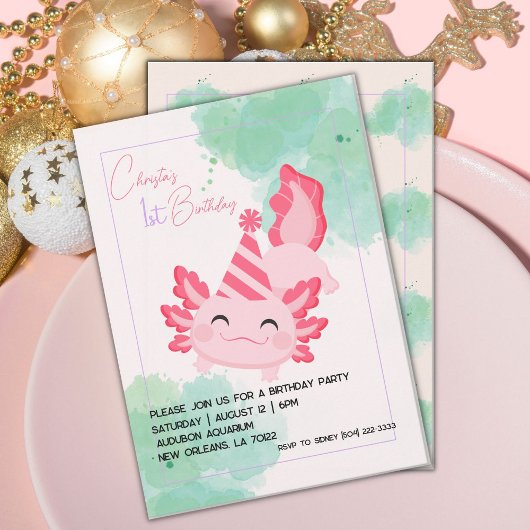 Meisjes Roze Axolotl 1e Verjaardag Feest Uitnodigi Kaart