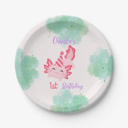 Meisjes Roze Axolotl 1e Verjaardag Feest Uitnodigi Papieren Bordje (Voorkant)