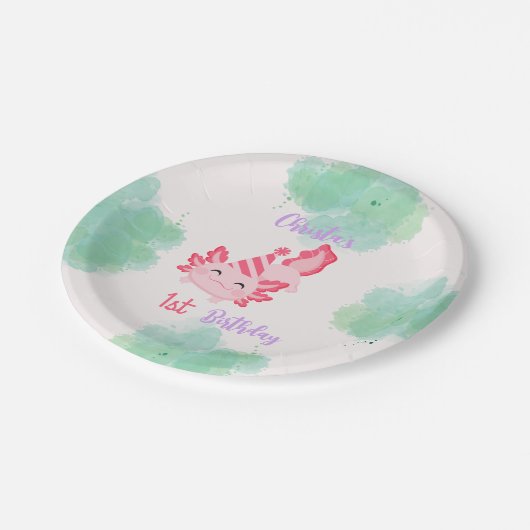 Meisjes Roze Axolotl 1e Verjaardag Feest Uitnodigi Papieren Bordje (Gekanteld)